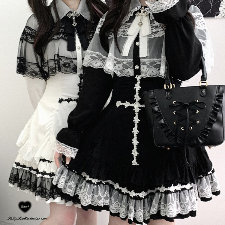 Skirt Rose Cross Landmine White/Black/Pink Embroidery Jirai Hem High Style Kei Lace Waist