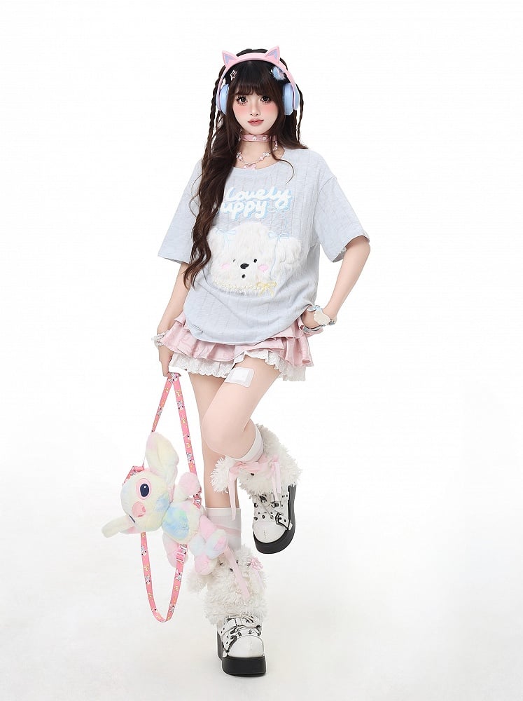Loose Adorable Plush Puppy Black/Light Blue T-Shirt Round Neck