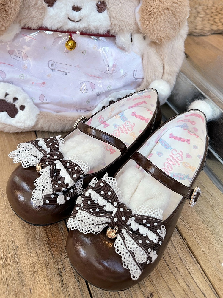 Lolita Bunny Schuhe Pom Mary Jane Braun Süß mit Ohren Schwanz