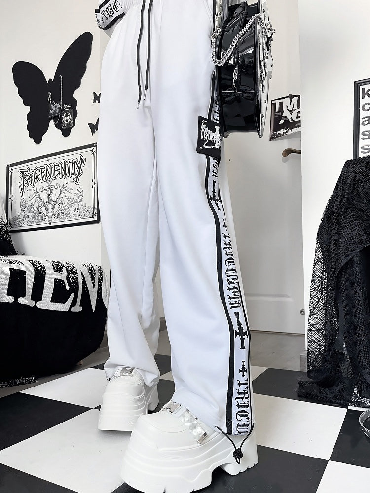 White Sweatpants Cross Letter And Gothic Print