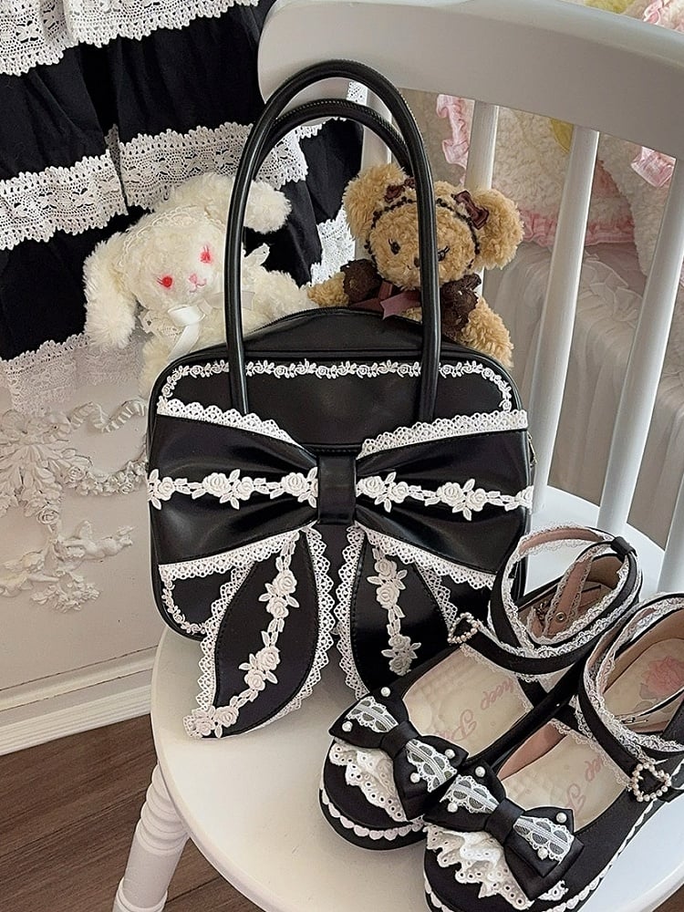 Bag Lolita Bow Sweet PU Square Big Lace with Front School Black White and Old Trim