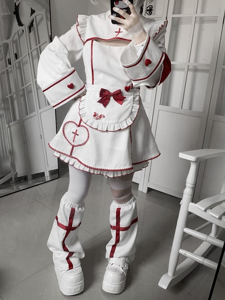 Maid Set: Halloween-themed Embroidery Buttons Cross Heart White Red Dress with + Kawaii Shorts Yami