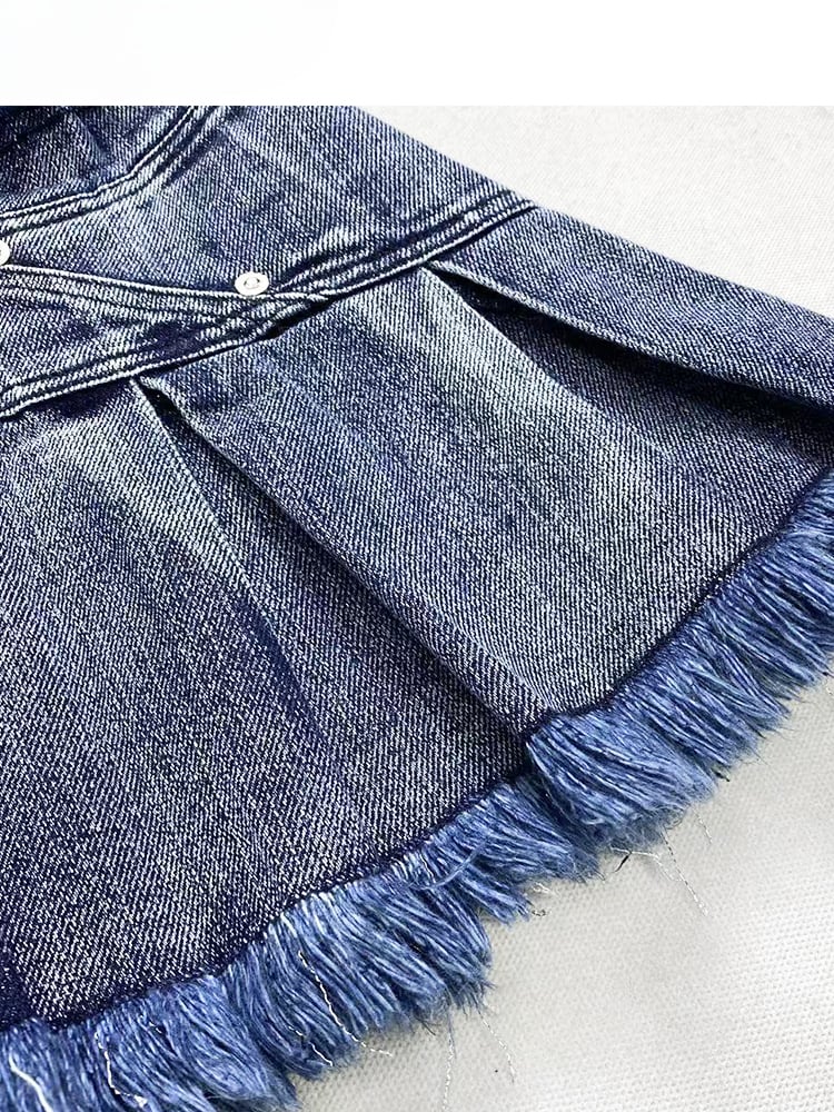 Dark Blue Distress Trim Box Pleat Denim Glamorous Skirt