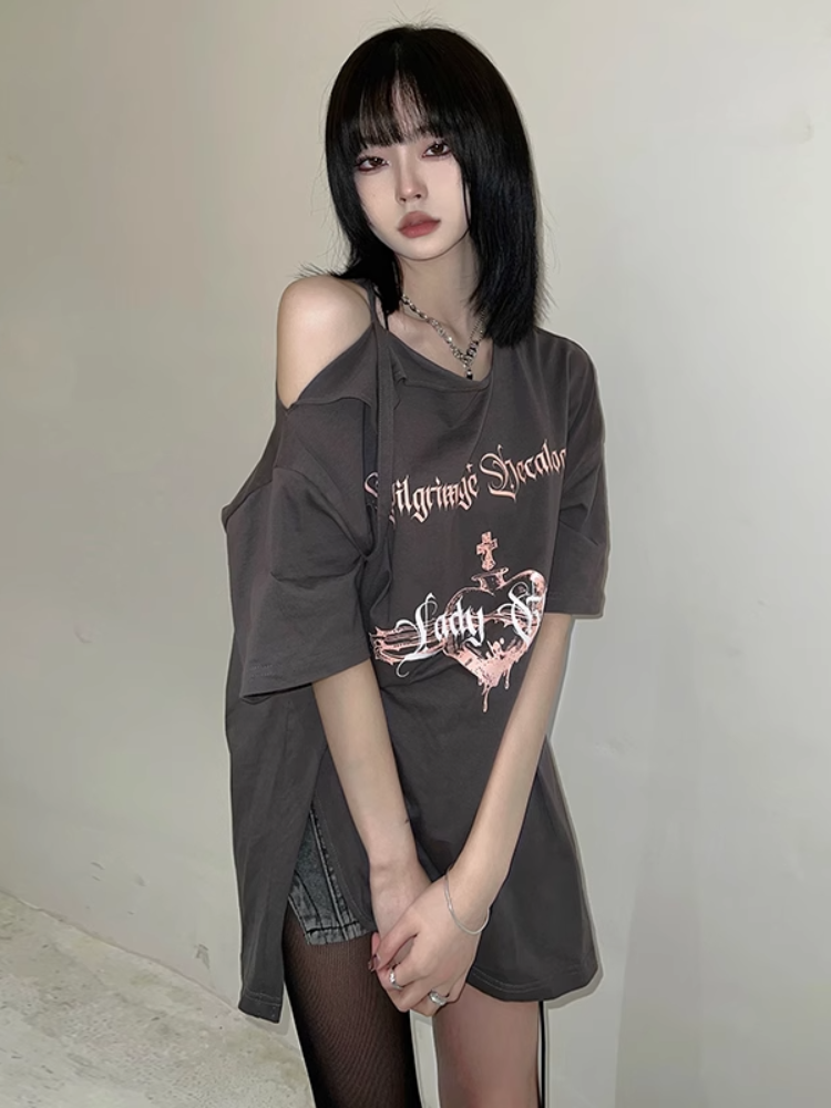T-shirt ample gris à découpes et fentes latérales