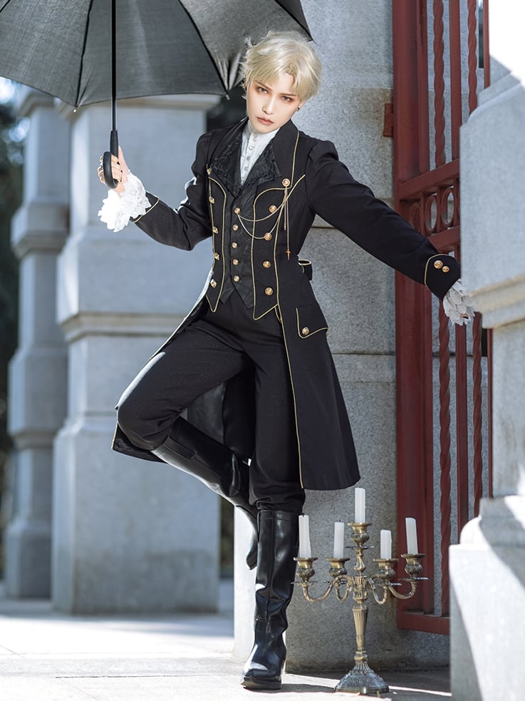 Gold-Trimming Straight-Leg Ouji Lolita Pants Black with