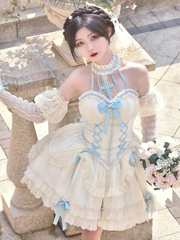 Cross Belle Beige and Blue Halter Neck Corset Dress Balletcore Lolita JSK