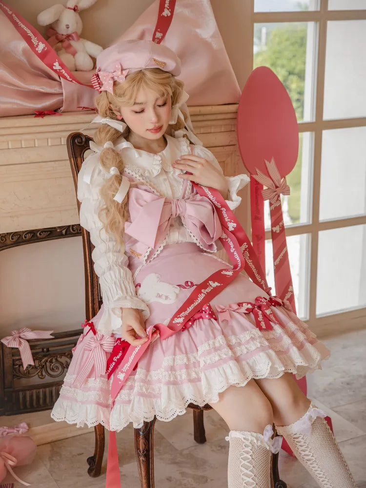Skirt Pink Embroidery Shoulder Patch Detachable Lolita with Sweet Straps Bunny
