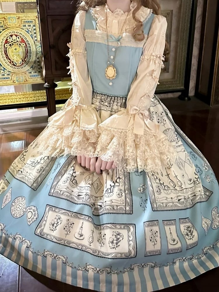 Dress Lolita Blue Print Square Neckline Elegant Classic with