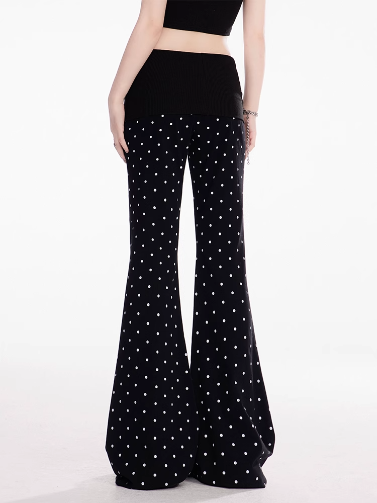 Flared Casual Pants Black Polka Dot Elastic Waist Slim-fitting