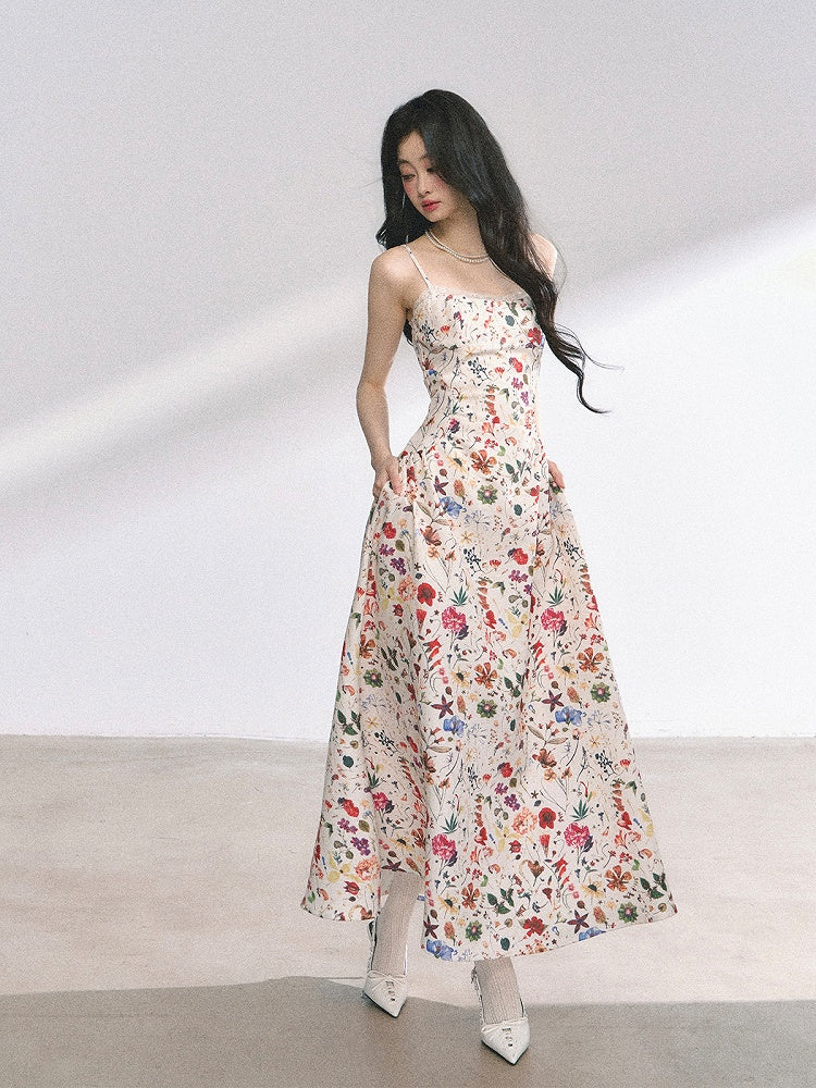 Beige Floral Print Holiday Cami Dress Long/Short Version