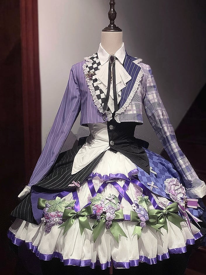 Waistcoat Tops - Blazer Cropped Ouji Set Half-plaid Half-stripes Purple Lolita Half-black + Half-white Backless Pattern
