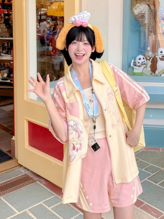 Beige and Pink Colorblock Design Shirt Anime Print Zip Bittersweet Closure Y2K