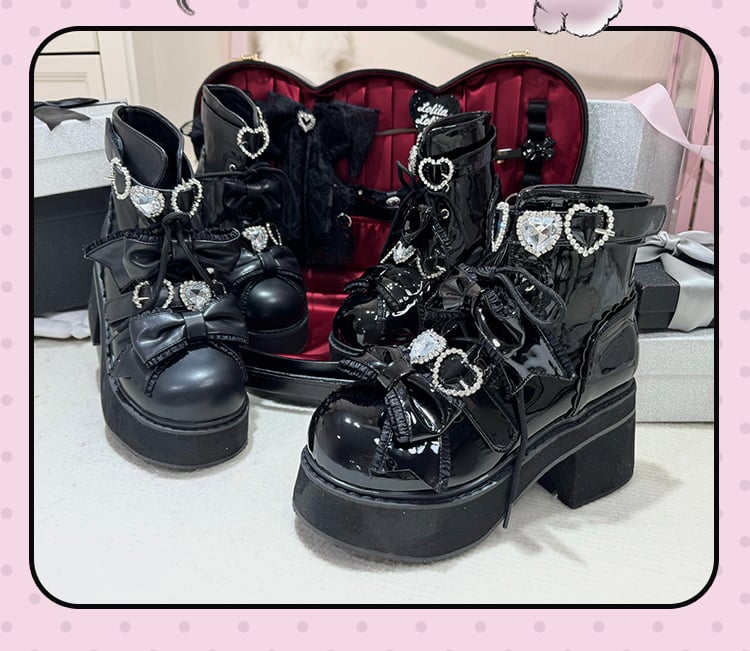 Schnürstiefel mit Jirai-Schnallen und Strasssteinen, Plateau-Stiefel, matt, Sweetheart, kurzer Knöchel, Kei, Schwarz