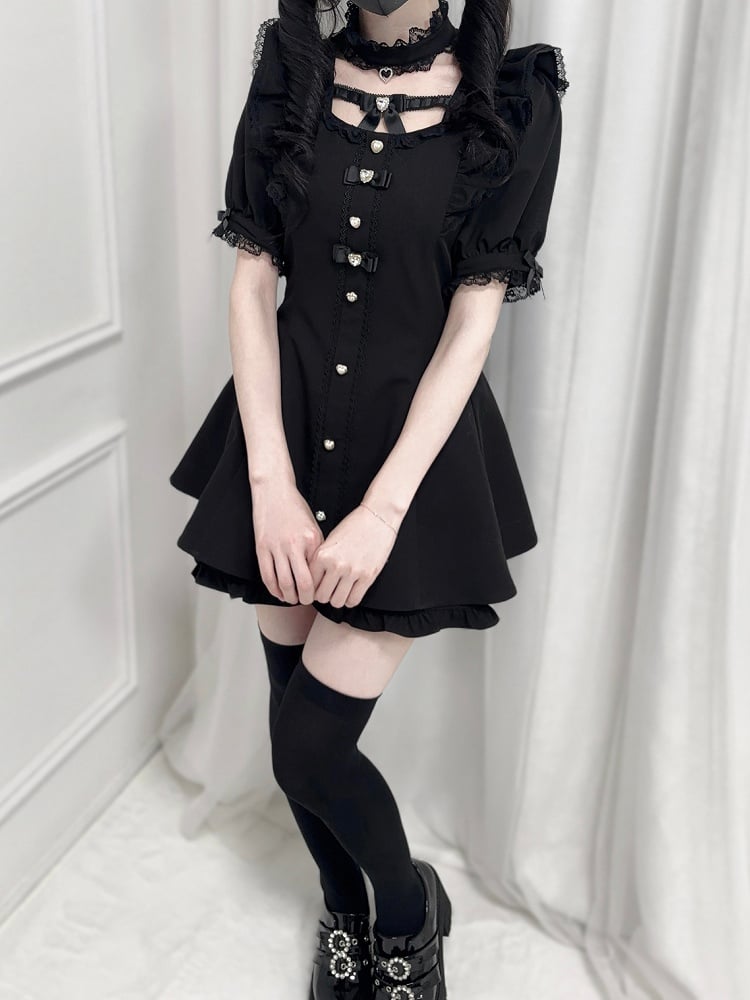 - Flutter Sleeves Self-tie Bow Back Mini Dress + Shorts Black + Set Jirai Kei Choker