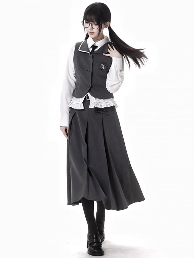 ダークグレーのリボン結びレーストリムボックスプリーツロングスカート(バックルベルト付き)