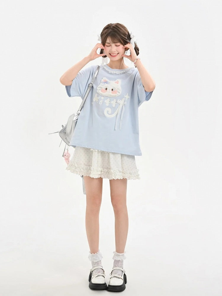 Long/Short Round Neck Plush Version Blue T-Shirt Cat Applique