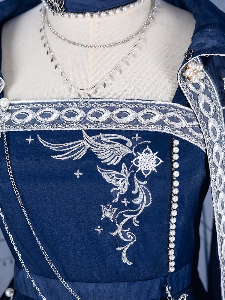 Night + Blue Embroidery Dress Long Dark Butterfly Starry Dreamy