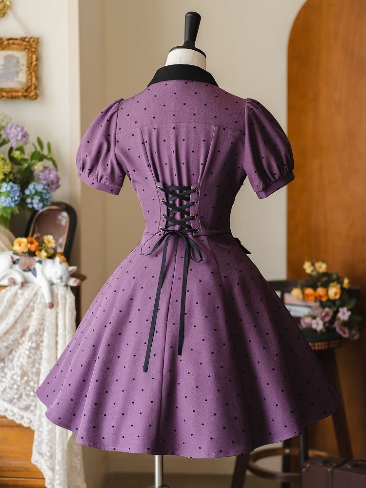 Pattern Black Purple Dress Small Retro Sleeves Puff Heart-shaped Fashion