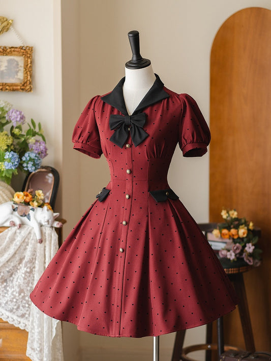 Pattern Heart-shaped Small Dress Retro Puff Red Sleeves Fashion Black