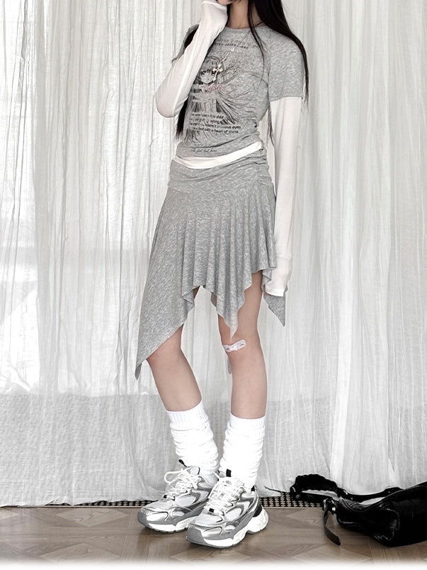 Grey Cartoon Top/Asymmetrical Two-pieces Hooded Hem Skirt Girl Print Faux