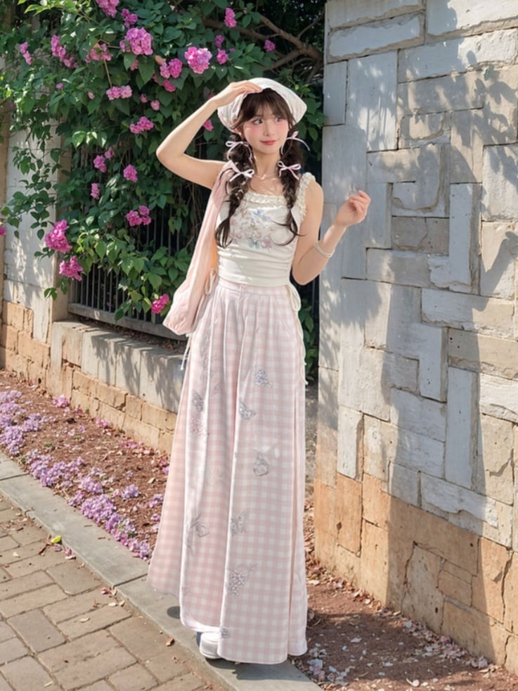 White Ruffled Waist Tank Top Square Neckline Butterfly Print Drawstring