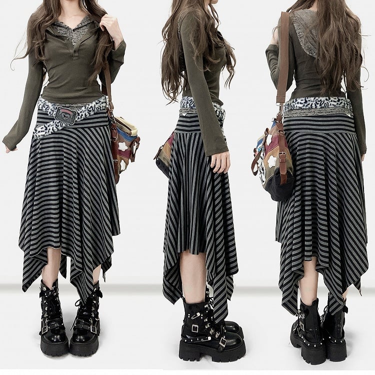 Striped Pattern Y2K Black Handkerchief Hem