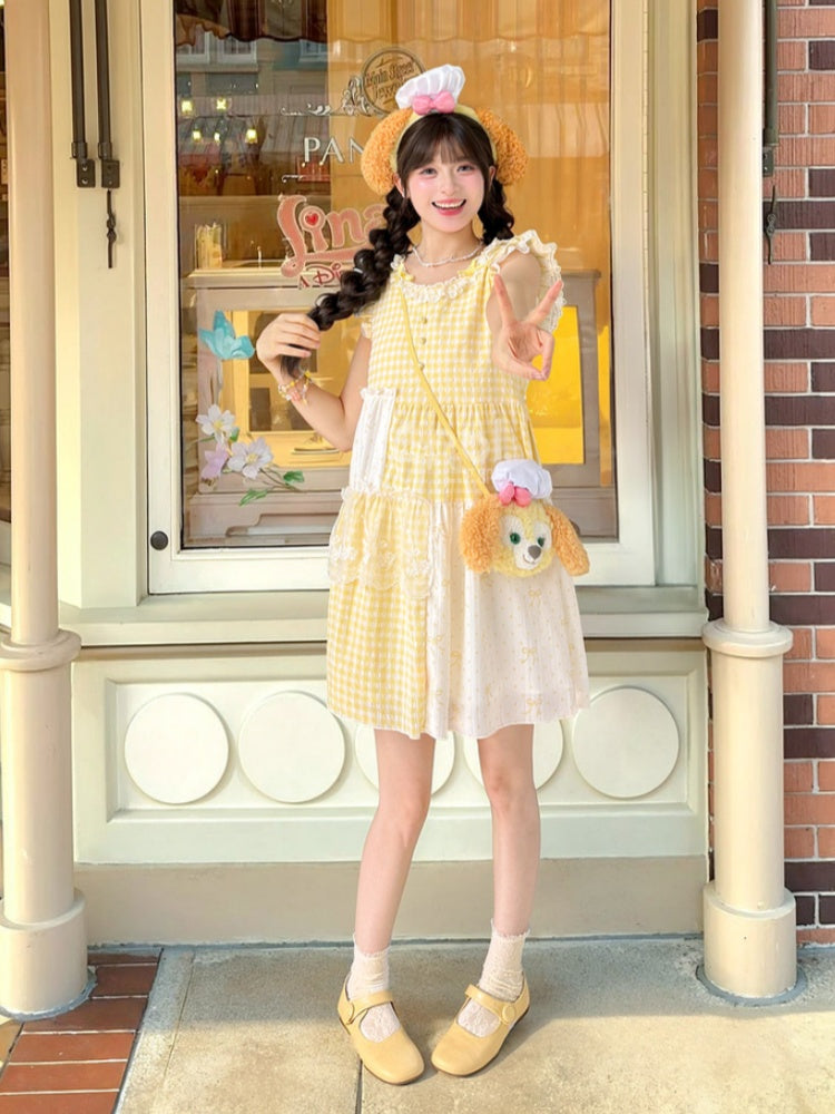 Plaid Dress Tiered Yellow Patchwork Design Flutter Sleeves Sweet