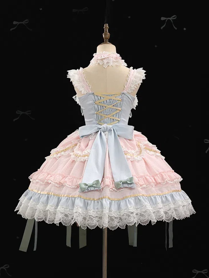 Mint Green Bows Pink and Blue Sweet Lolita Corset Dress with Choker