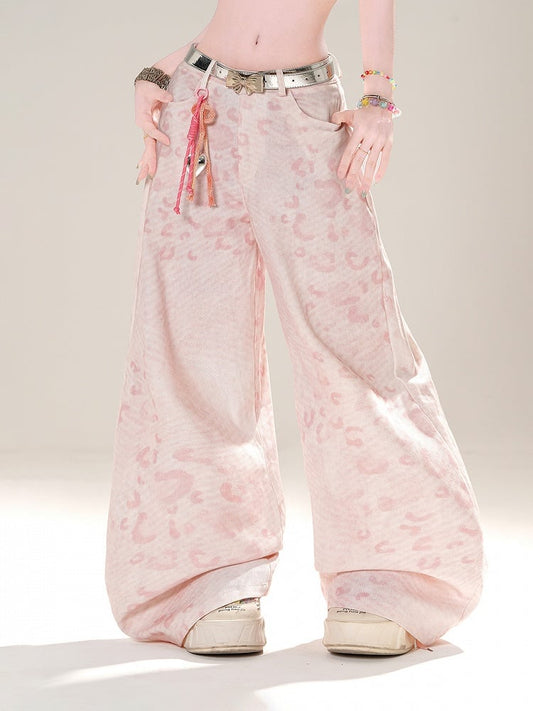 Pink Leopard Pattern Low Fashion Rise Wide-Leg Jeans Gyaru
