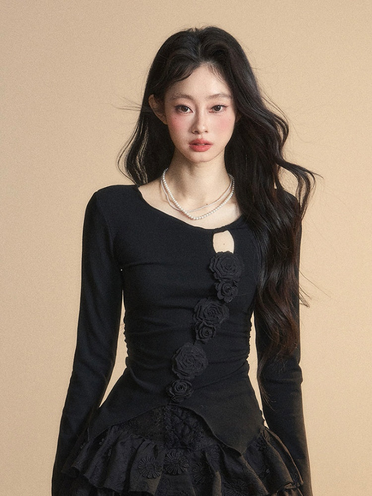 Round Glamorous Detail Black Knitted Neck Floral Embellished Cutout Top