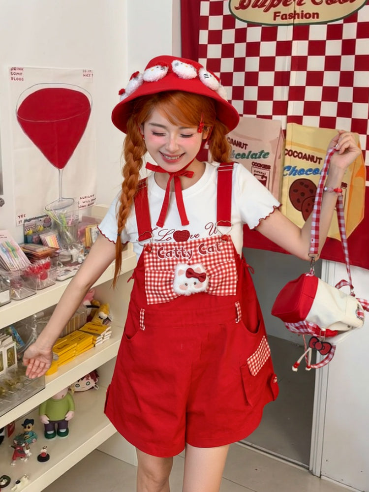 Red Plaid Bowknot Plush Kitty Overall Shorts