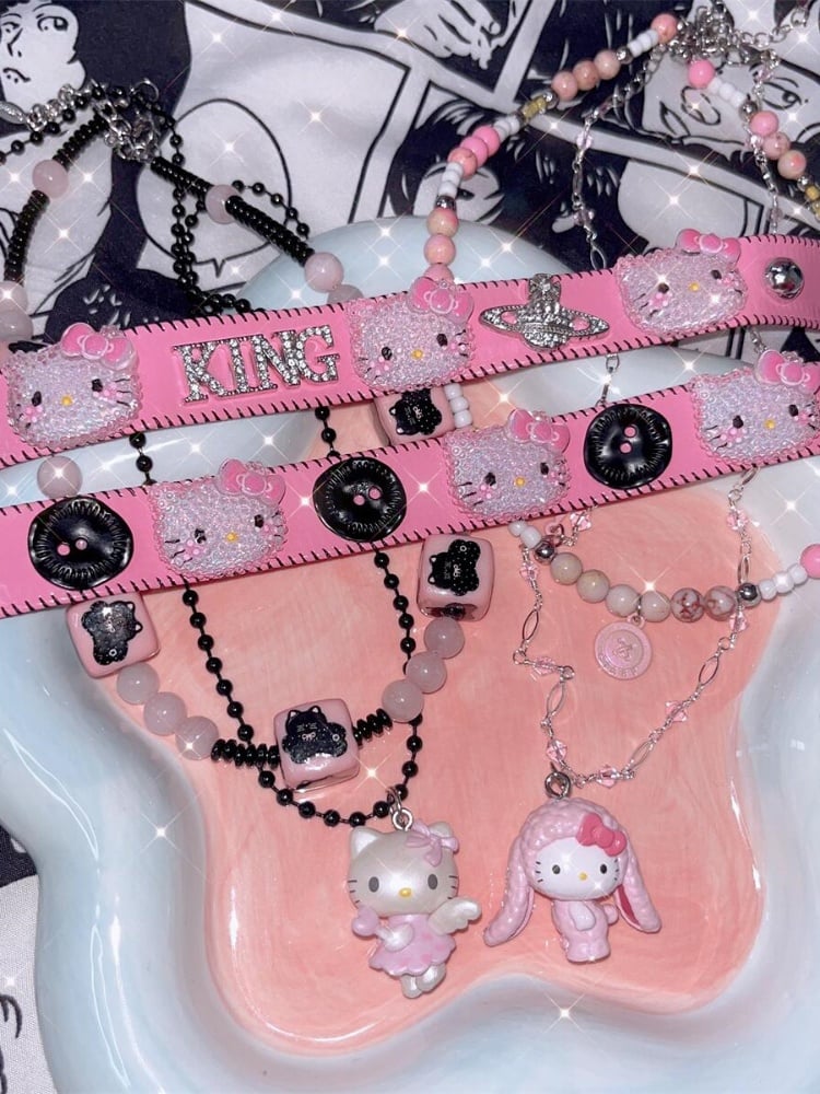 キティペンダント マルチレイヤー ピンクビーズネックレス