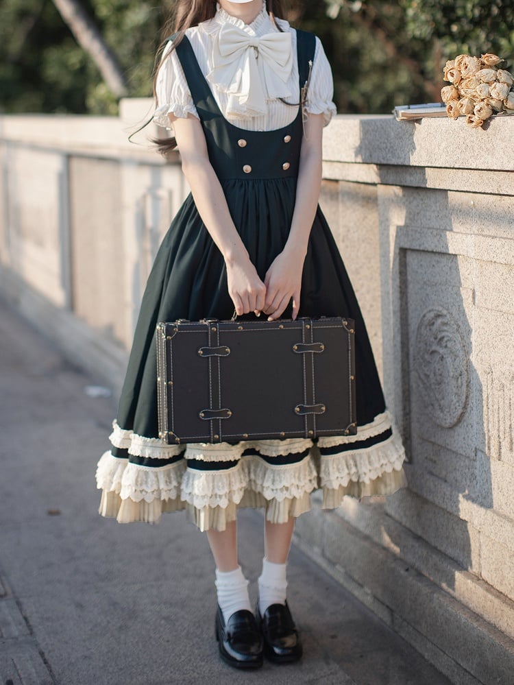 Green Overall Dress in High Waist Style Dark Preppy with Beige Lace Trim