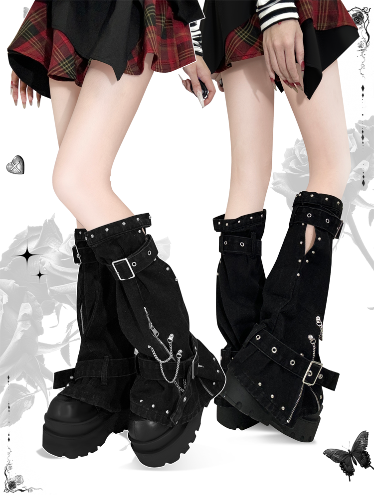 Black Punk 47.5cm Leg Warmers with Zipper and Buckle Straps at Cuffs Studded