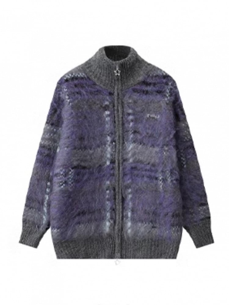 Striped Purple Gray Sweater Ribbed with Detailing Lockstitch Cuffs Mohair Knit Loose