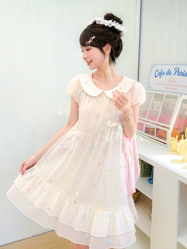 Pattern Colorful Polka-dot White Peter Pan Collar Puff Sleeves Chiffon Dress