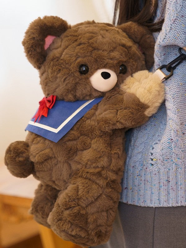 Bear Decorated Sailor Backpack/Crossbody Blue Middle/Large + Hat Plush Bowknot Collar Brown Bag Size