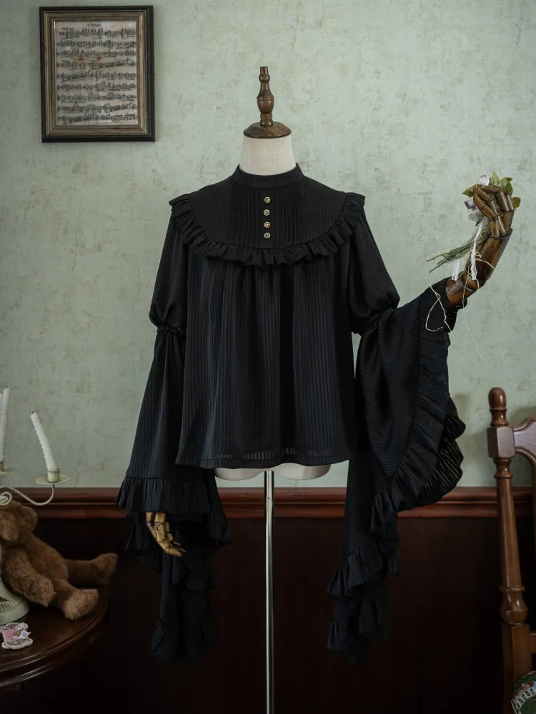 Flounce Trim Gothic Black Blouse Bell Sleeves