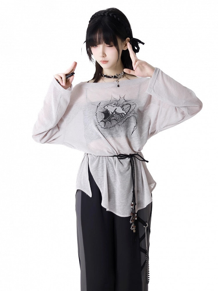 Three Set Strap Bunny Print Coverup+Cami Top +Self-tie Gray Off-the-shoulder Pieces