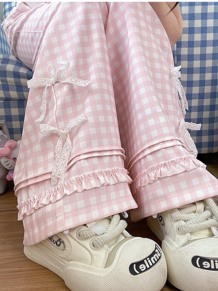 Pink Plaid High Waist Lace Bowknots Wide-Leg Pants Version Regular/Short