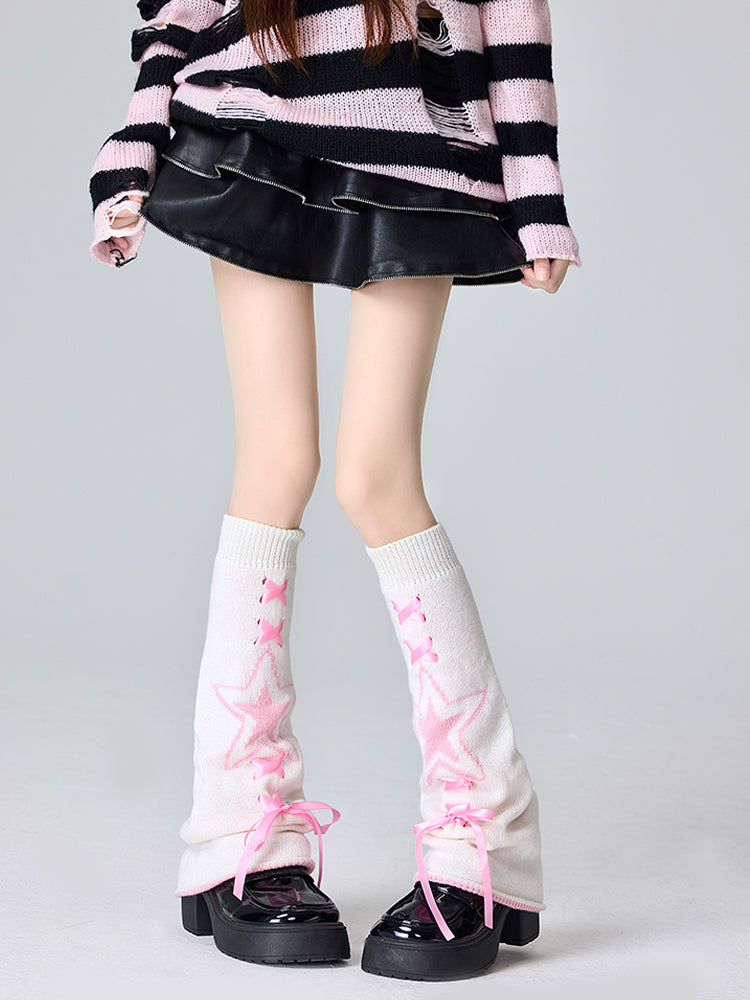Black&White/Pink&White Star Pattern Lace-up Detail Leg Warmers