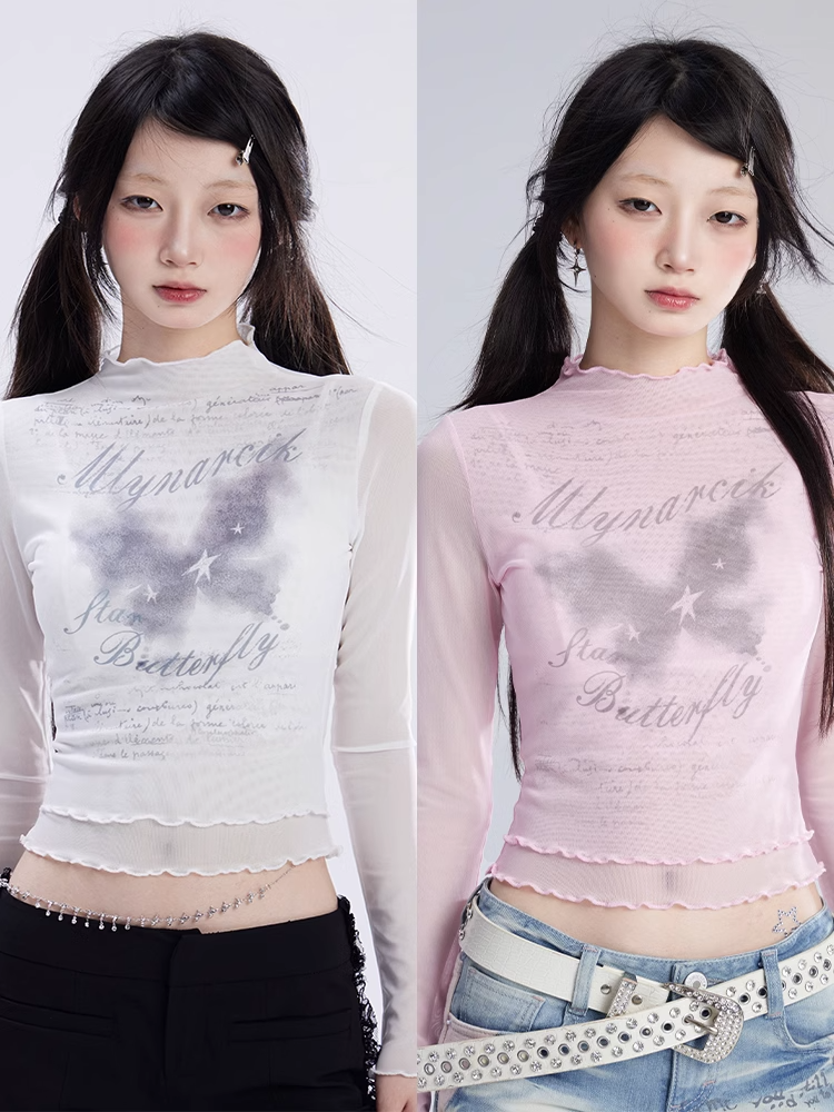 Pink/White Semi-sheer Top Butterfly Print Lettuce Hem Mesh