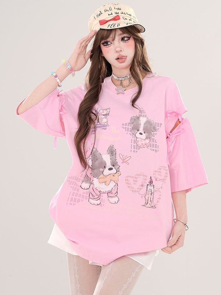 Rosa/Aprikose – T-Shirt mit Cartoon-Welpen und Cut-out-Ärmeln zum Binden