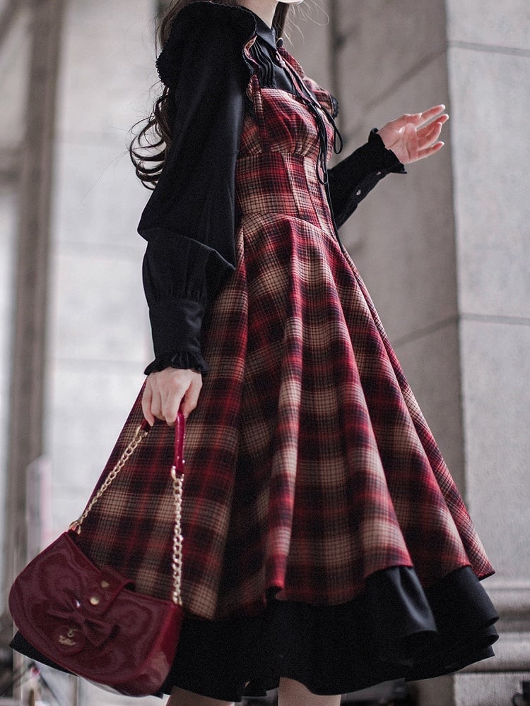 Pattern Plaid Waist Dress Red Basque