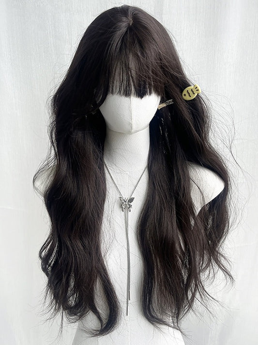 Black Tea Long Wavy Wig With Air Bangs