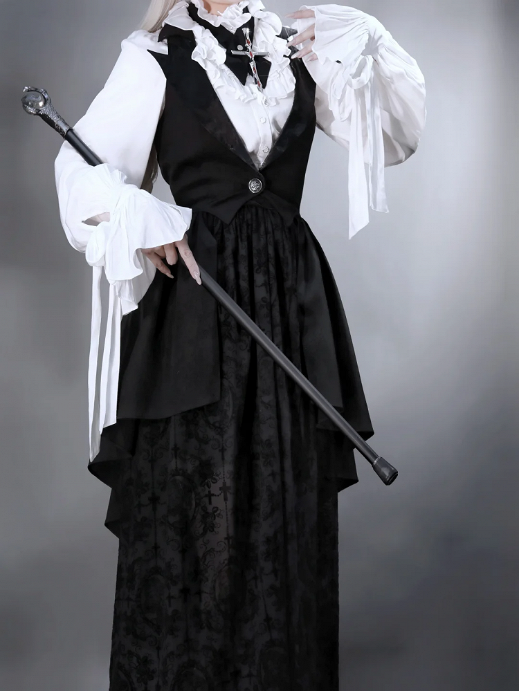 Lolita Shirt Full Black and White Gothic Skirt Waistcoat Set Long Sleeves Elegant + -
