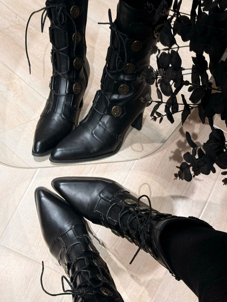 Lace-Up Pointed Leather Buckle Mid-Calf Boots Toe Elegant Embellishments - with Heels Lolita PU and Black