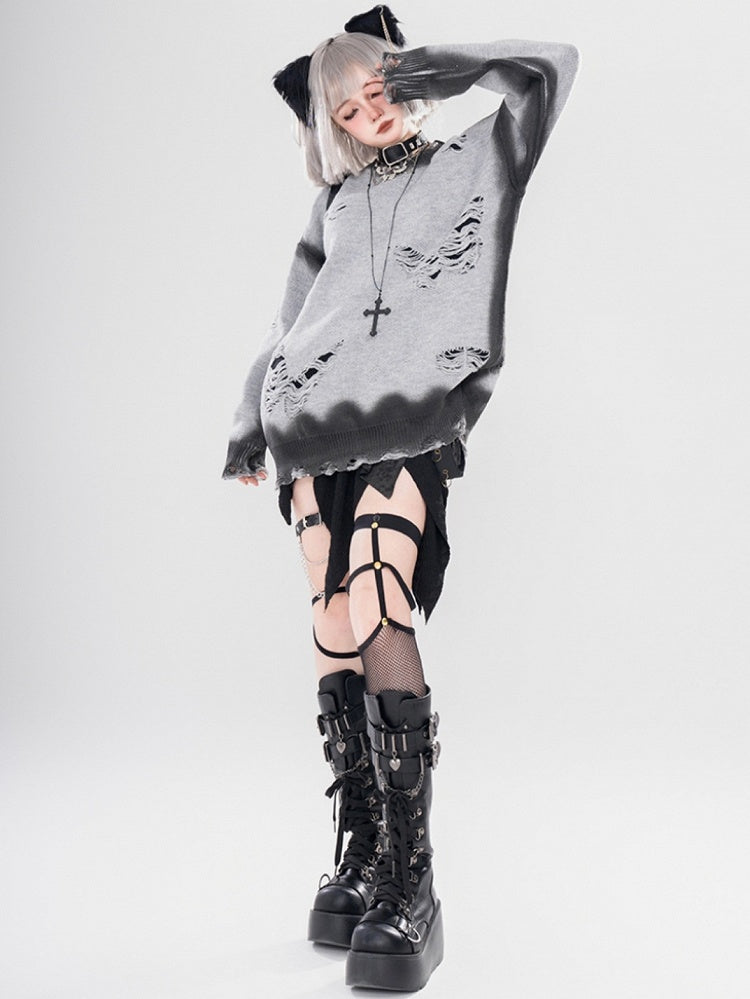 Y2K Black/Grey Butterfly Shaped Distressed Holes Round Neck Sweater