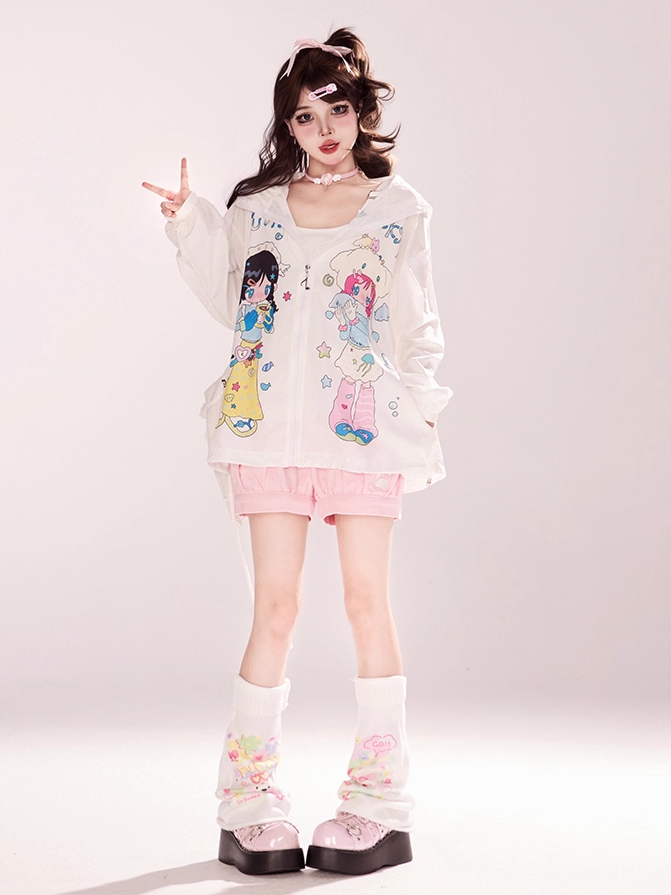 Zip-up Hooded Jacket Cartoon Girl Print White Y2K