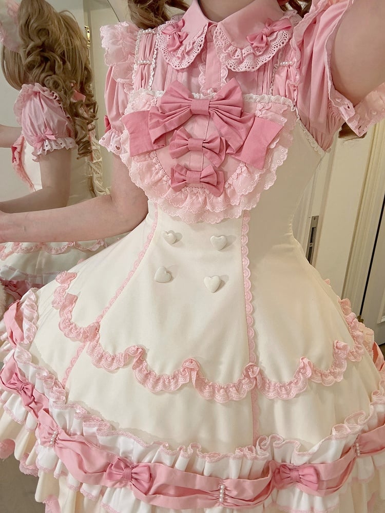 / Blouse Bows Small Pink Short Decoration Sleeves White